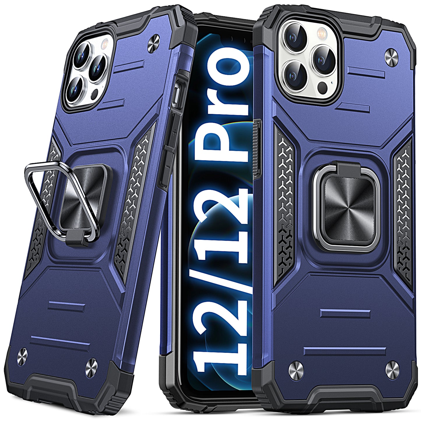 DASFOND Designed for iPhone 12/iPhone 12 Pro Case, Military Grade Shockproof Protective Phone Case Cover with Enhanced Metal Ring Kickstand [Support Magnet Mount] for iPhone 12 6.1 inch, Blue